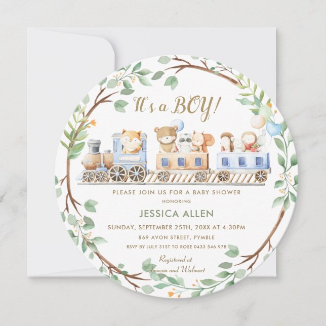 Convites Animais da Floresta Treinam Chá de fraldas verde   (Frente)