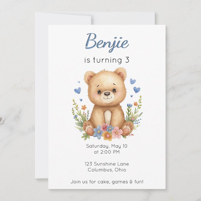 Convites Animais da Floresta Urso de Aniversário Menino Cor (Frente)