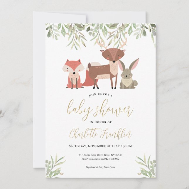 Convites Animais da Floresta Verde Baby Shower (Frente)