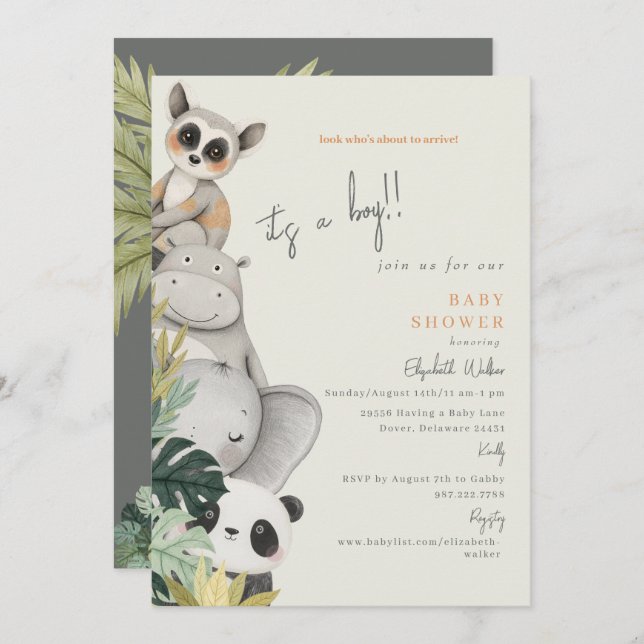 Convites Animais da Selva de Bebê É um Chá de fraldas (Frente/Verso)