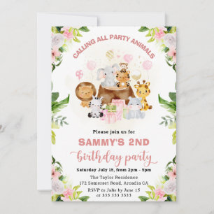 Convites Animais da Selva Rosa Aquarela Aniversário Infanti