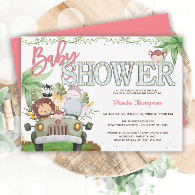 Convites Animais da Selva Rosa - Chá de Bebê (Pink Safari Animals Baby Shower Invitation)
