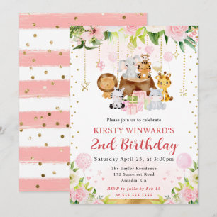 Convites Animais da Selva Rosa em Aquarela Aniversário de C