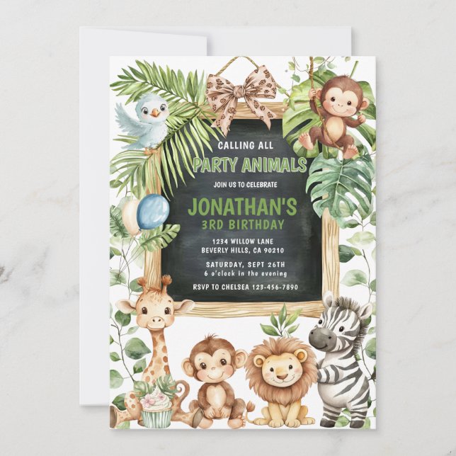 Convites Animais da Selva Safari Verde Aniversário (Frente)
