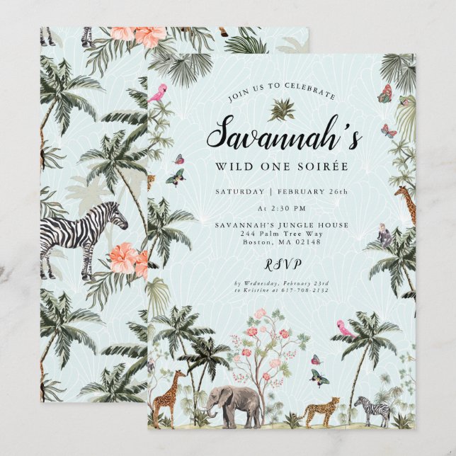 Convites Animais da Selva Tropical | Aniversário da Garota  (Frente/Verso)
