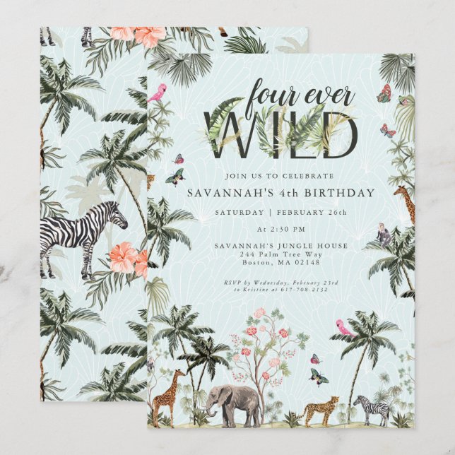 Convites Animais da Selva Tropical | Four Ever Wild (Frente/Verso)