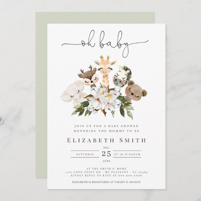 Convites Animais de Aquarela Faux Dourado Floral Oh Chá de  (Frente/Verso)