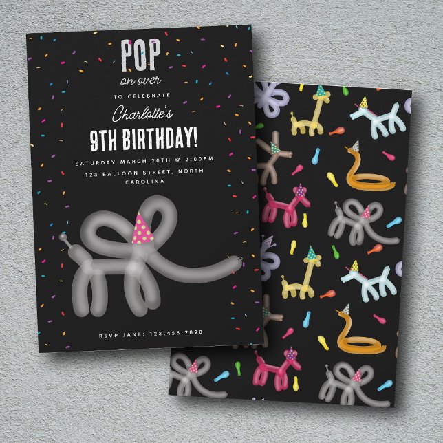 Convites Animais de Balão Elefante Tema de Festa de Anivers (Balloon Animals Elephant Kids Birthday Party Theme Invitation)