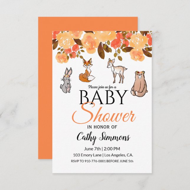 Convites Animais De Bebê Da Floresta Cura | CHÁ DE FRALDAS (Frente/Verso)