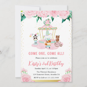 Convites Animais de Circo Floral Rosa em Aquarela Aniversár