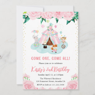 Convites Animais de Circo Floral Rosa em Aquarela Aniversár