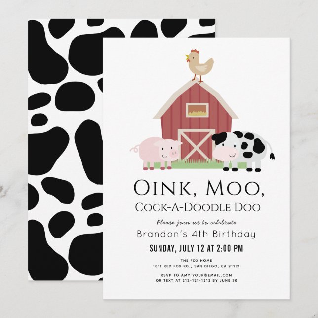 Convites Animais de Criação Aniversário Branco do Barnyard (Frente/Verso)