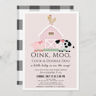 Convites Animais de Criação Chá de fraldas de Gingham Rosa