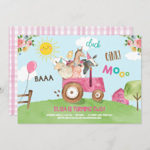 Convites Animais de Criação Festa de Quartel Trator Rosa