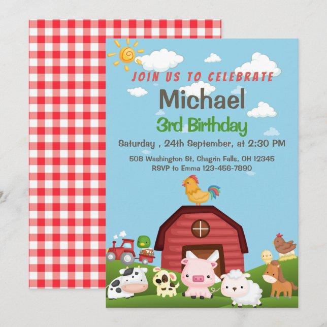 Convites Animais de Criação Red Gingham Barnyard Birthday I (Frente/Verso)