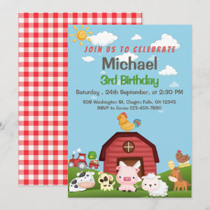 Convites Animais de Criação Red Gingham Barnyard Birthday I