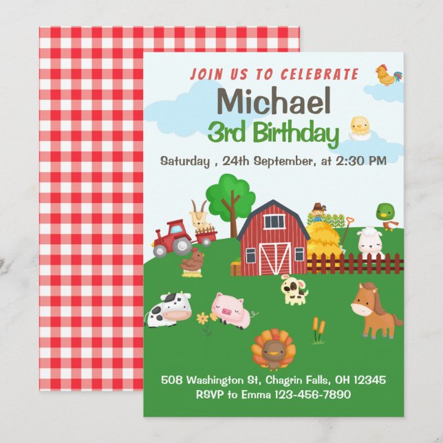 Convites Animais de Criação Red Gingham Barnyard Birthday I (Frente/Verso)