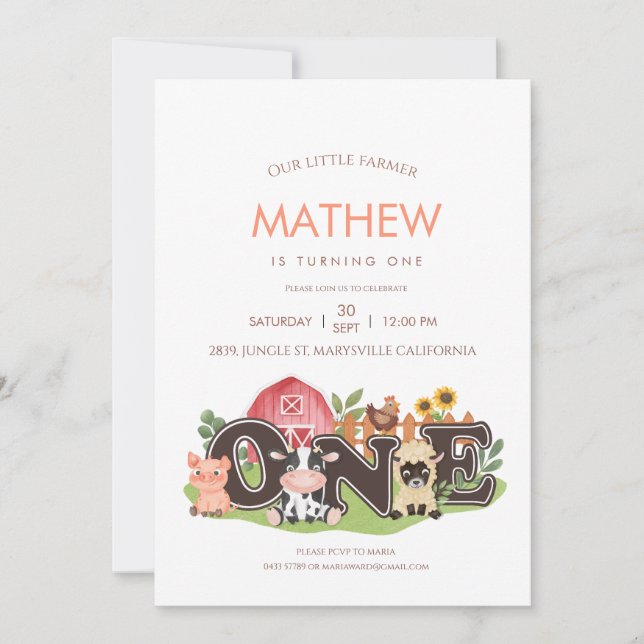 Convites Animais de exploração Barnyard 1rua Primeiro Anive (Frente)