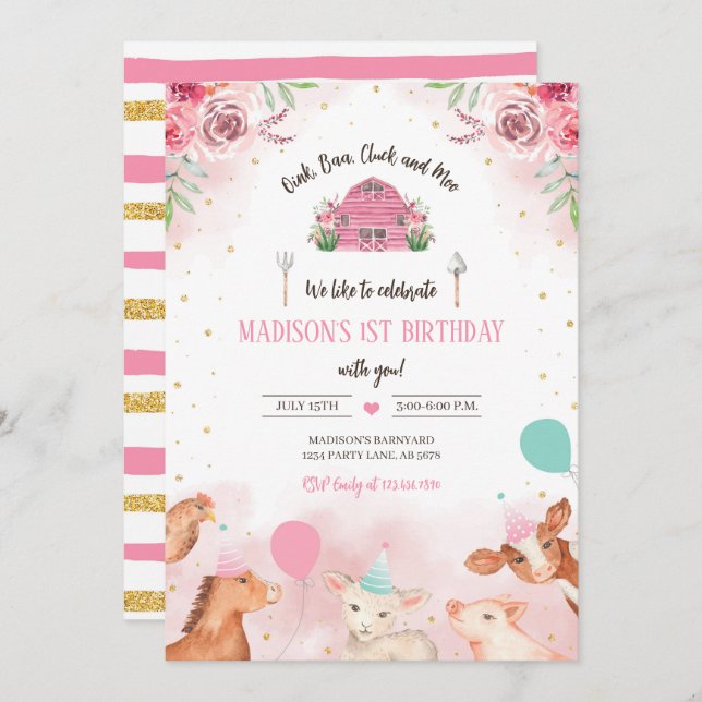 Convites Animais de fazenda (Frente/Verso)