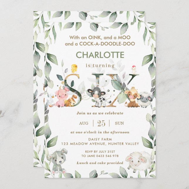 Convites Animais de fazenda bonitos Barnyard Greenery 6 Ani (Frente/Verso)