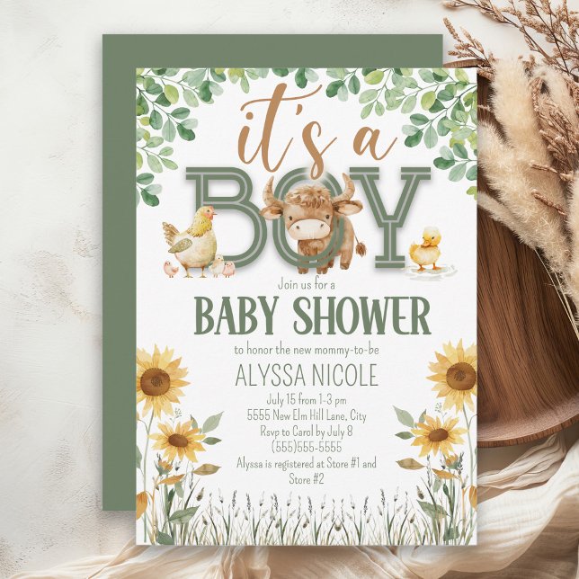 Convites Animais de Fazenda Chuveco de Bebê Menino (Cute baby boy farm animal baby shower invitation)
