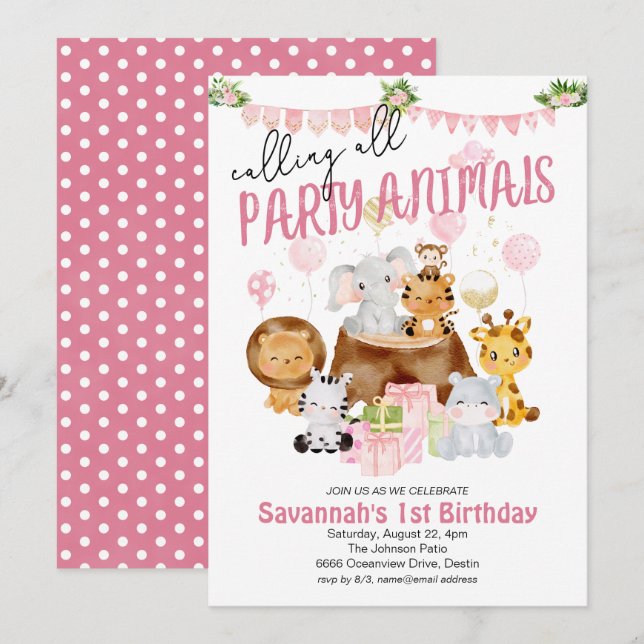 Convites Animais de Festa Aniversário Rosa (Frente/Verso)