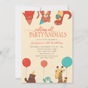 Convites Animais de Festa com Balões Aniversário Personaliz