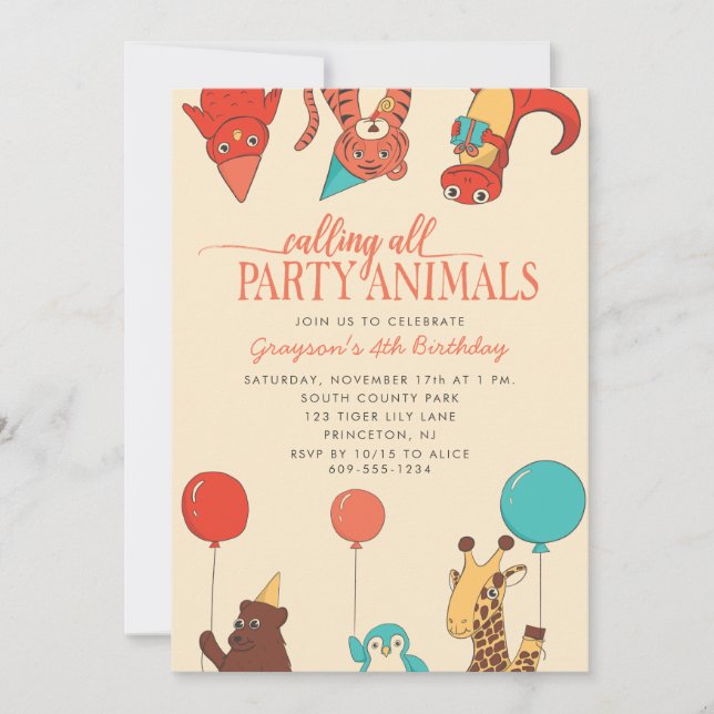 Convites Animais de Festa com Balões Aniversário Personaliz (Frente)