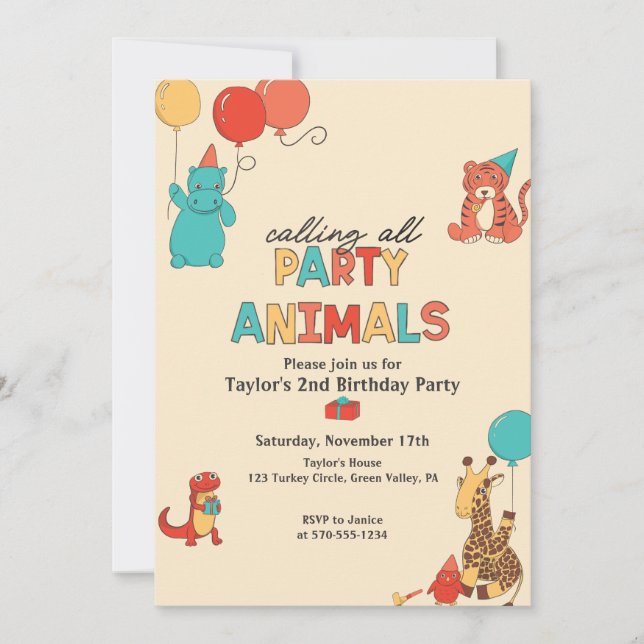 Convites Animais de Festa com Balões Cores Retrô Aniversári (Frente)