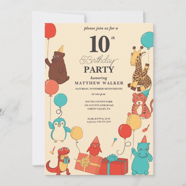 Convites Animais de Festa com Chapéus e Balões Aniversário  (Frente)