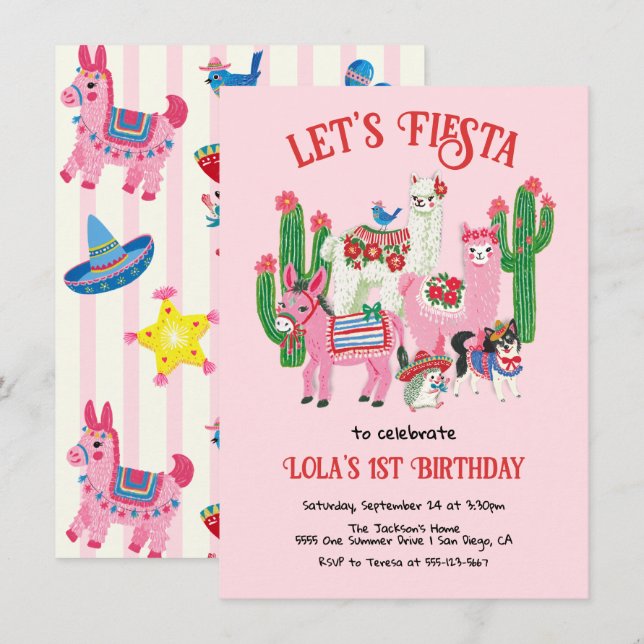 Convites Animais de Festa de Aniversário Mexicana (Frente/Verso)
