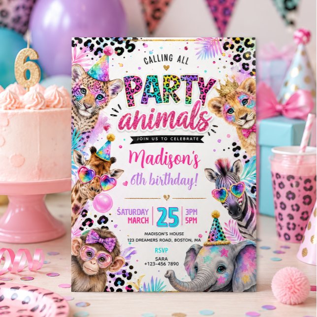 Convites Animais de Festa de Aniversário Neon  (Criador carregado)