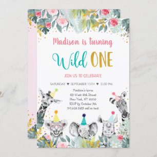 Convites Animais de festa Dourada de cor rosa selvagens