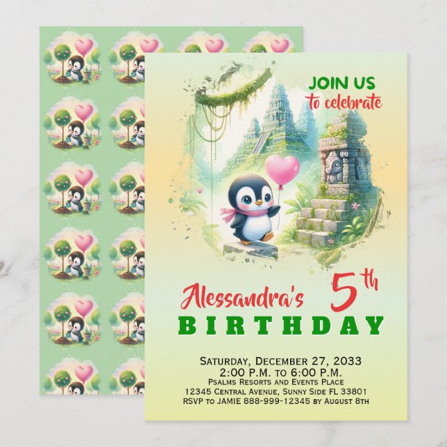 Convites Animais de Festa Fofos Pinguim Menino Menina (Frente/Verso)