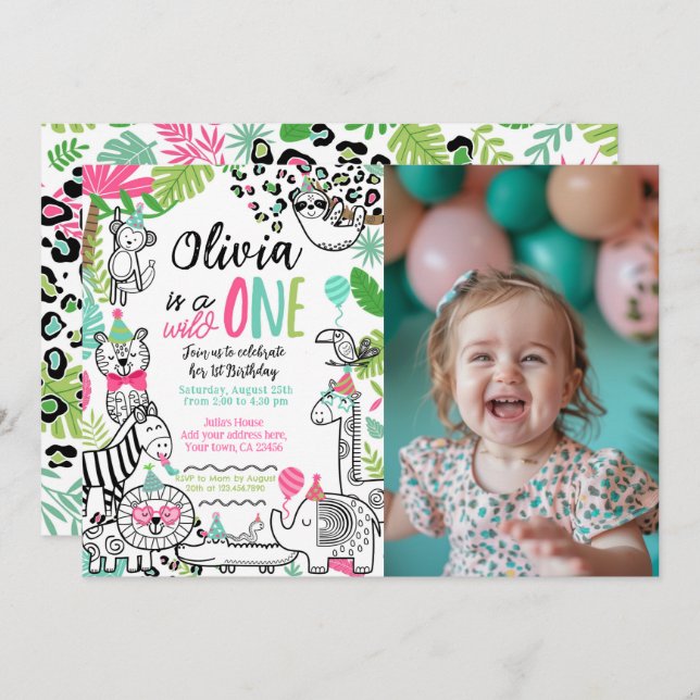 Convites Animais de Festa, Jungle Safari 1º Aniversário (Frente/Verso)