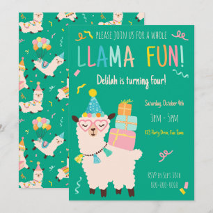 Convites Animais de Festa Llama Aniversário Meninas Verde