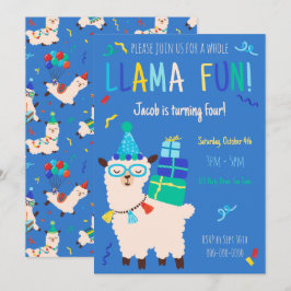 Convites Animais de Festa Llama Aniversário Meninos Azul