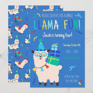 Convites Animais de Festa Llama Aniversário Meninos Azul