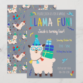 Convites Animais de Festa Llama Aniversário Meninos Cinza