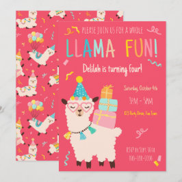 Convites Animais de Festa Llama Garotas de Aniversário Rosa