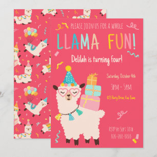 Convites Animais de Festa Llama Garotas de Aniversário Rosa