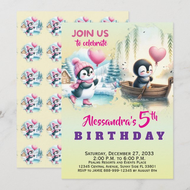 Convites Animais de Festa Modernos e Fofos Pinguim Aquarela (Frente/Verso)
