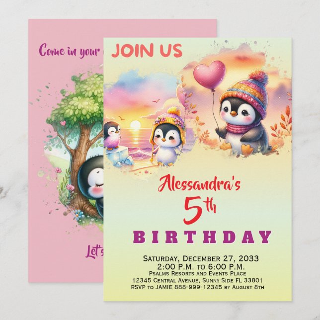 Convites Animais de Festa Modernos Pinguim Aquarela (Frente/Verso)