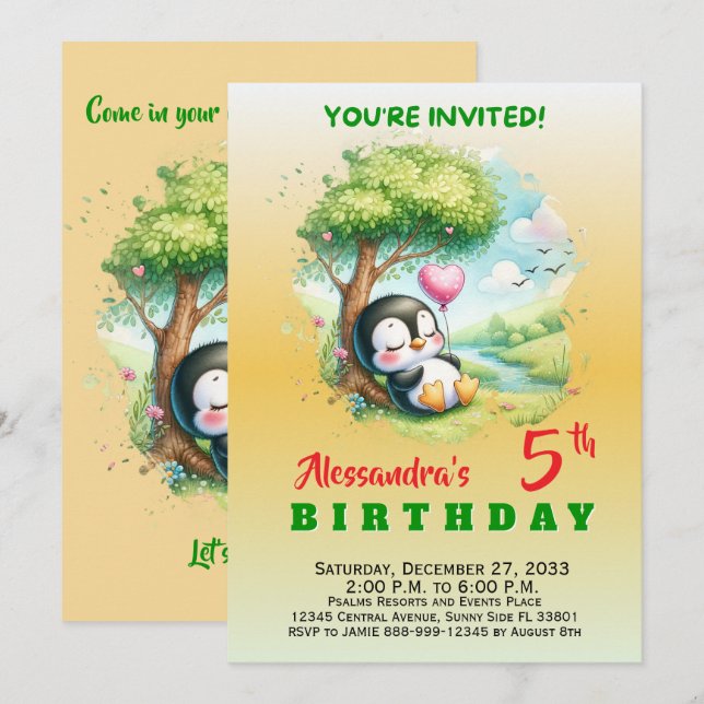 Convites Animais de Festa Modernos Pinguim Aquarela (Frente/Verso)