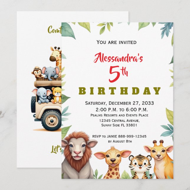 Convites Animais de Festa Modernos Safari da Selva (Frente/Verso)