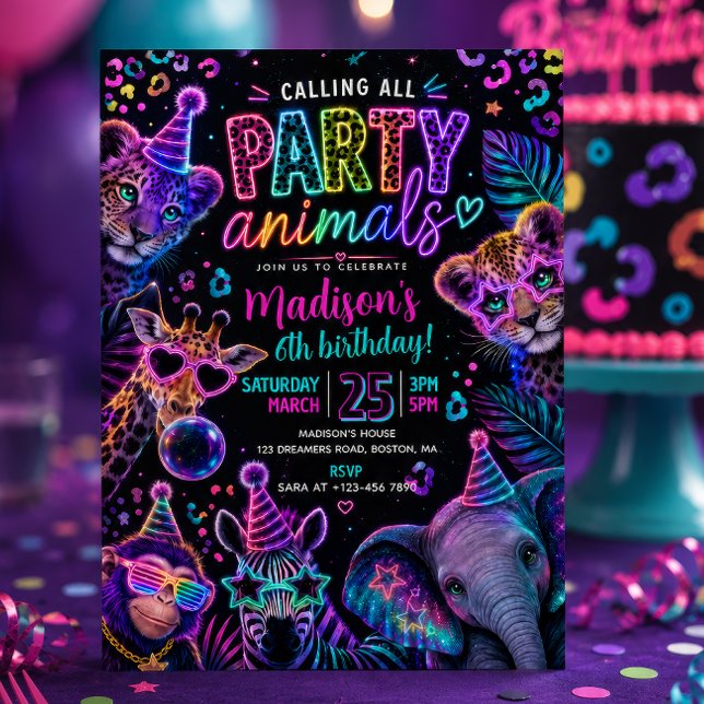 Convites Animais de Festa Neon Aniversário  (Criador carregado)