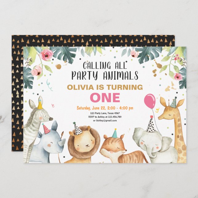 Convites Animais de festa Safari Dourada Menina de Aniversá (Frente/Verso)