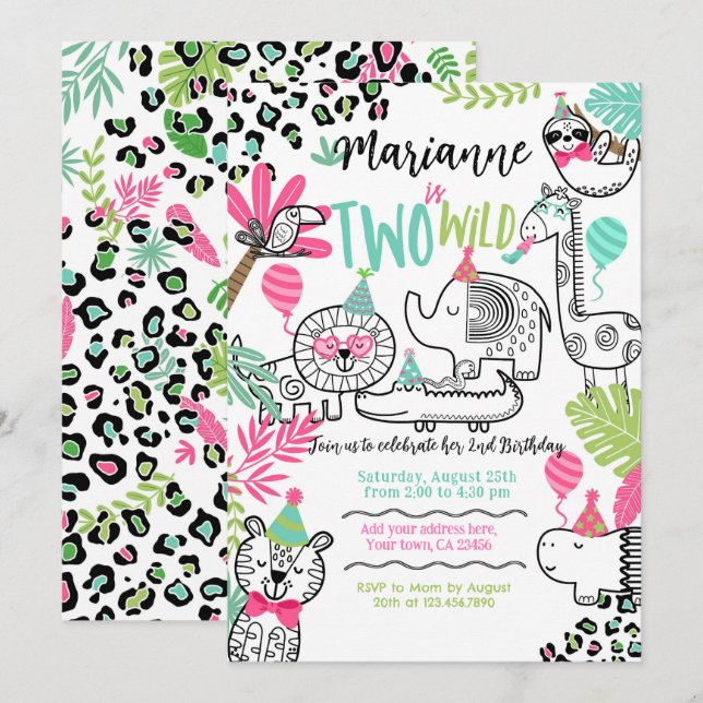 Convites Animais de festa, segundo aniversário Safari Selva (Frente/Verso)