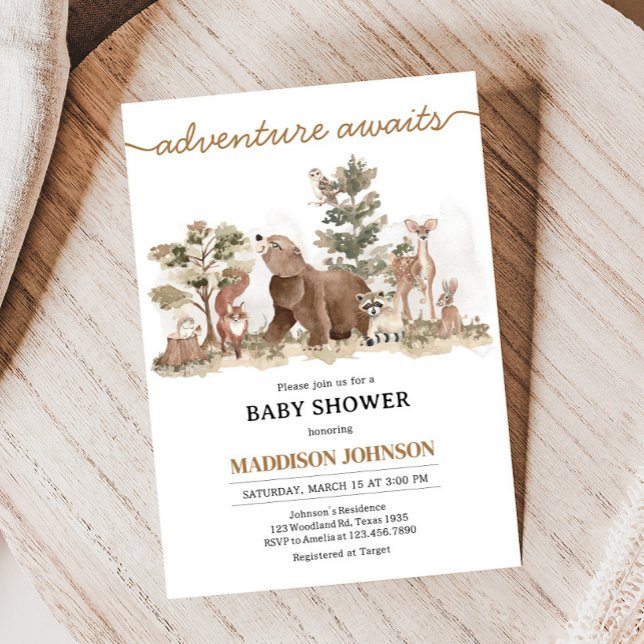 Convites Animais De Floresta Aguarda Chá de fraldas (Adventure Awaits Woodland Animals Baby Shower Invitation)