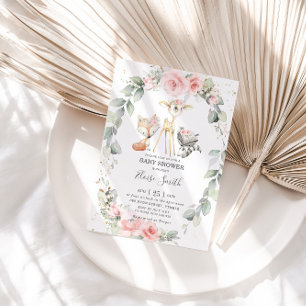 Convites Animais de Floresta Rosa Chá de fraldas Verde Flor